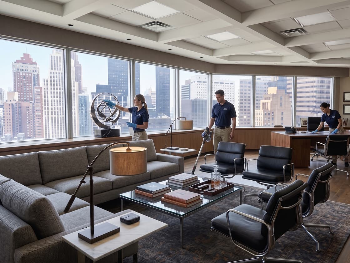 Wise Cleaning Services team cleaning a corporate office with a city skyline view
