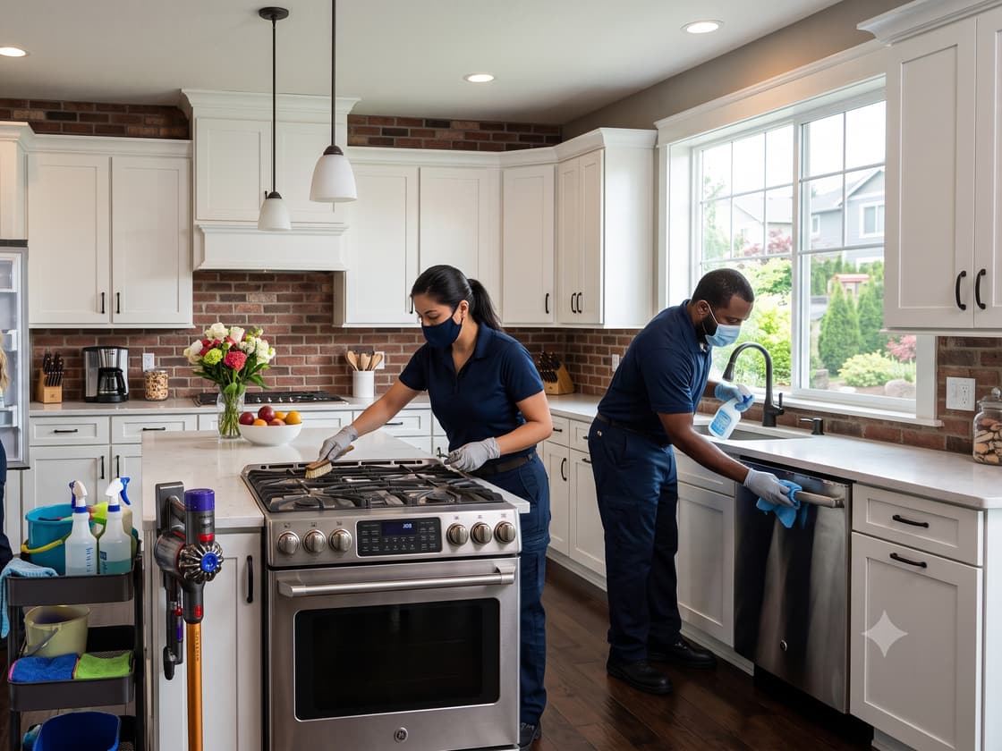 Wise Cleaning Services team deep cleaning a kitchen, stove, and cabinets