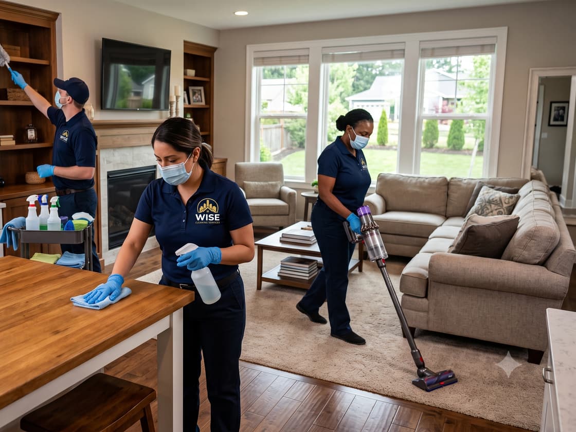 Wise Cleaning Services team cleaning a residential kitchen and living room